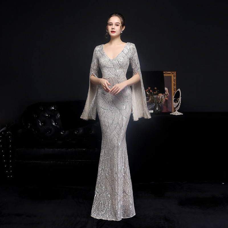 18576# sequined long banquet slim-fit fishtail elegant socialite party Annual Meeting host party dress