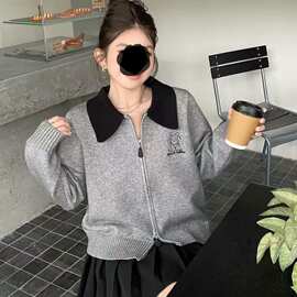 法式休闲翻领长袖卡通字母刺绣拉链针织衫上衣春秋冬毛衣开衫外套