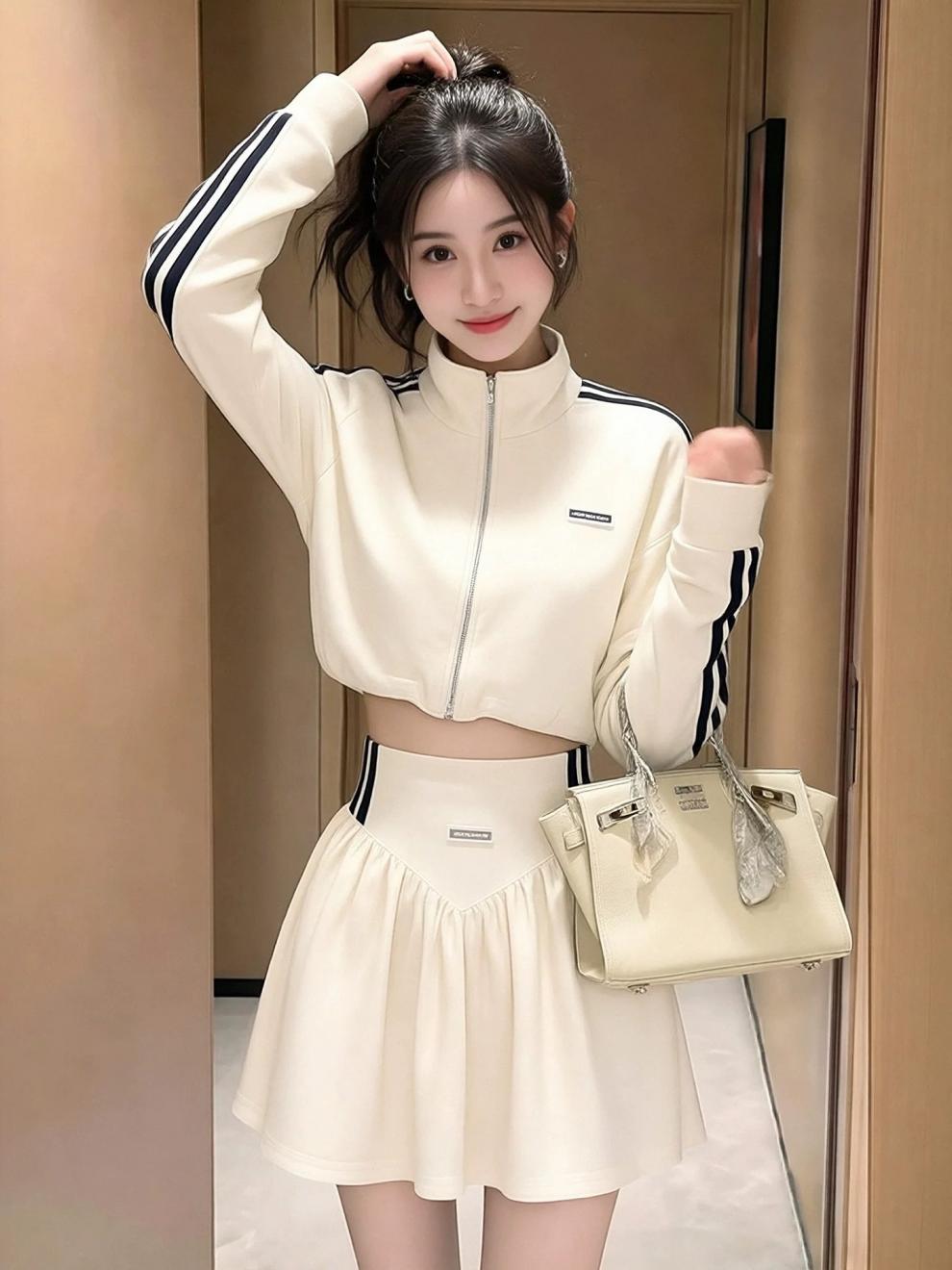European-style Casual Sports Suit For Women, 2026 Spring And Autumn New Korean-style Slim-fit Striped Stand-collar_ecoleips.com