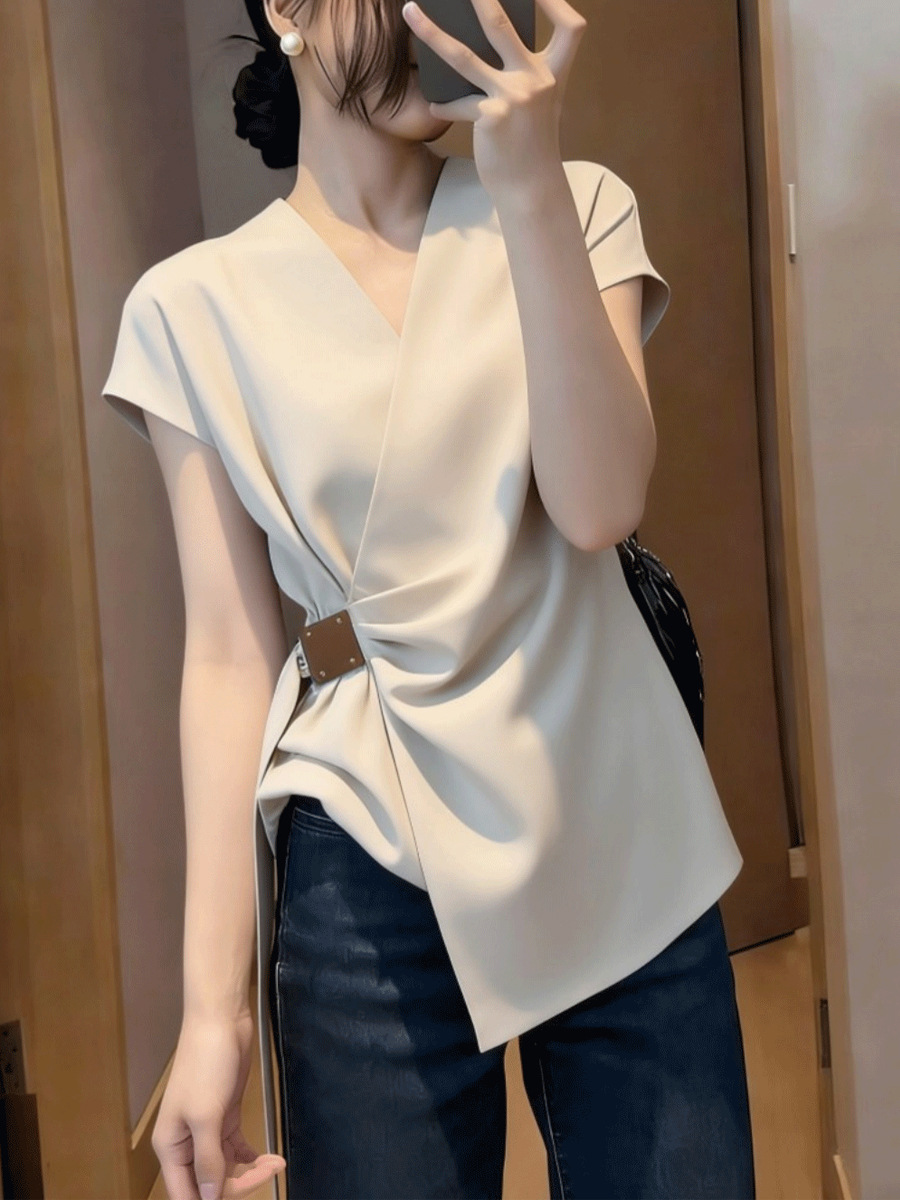 Áo thun nữ cổ V ngắn tay phong cách Pháp, thiết kế thắt lưng tạo dáng gầy — Màu ảnh chi tiết 1