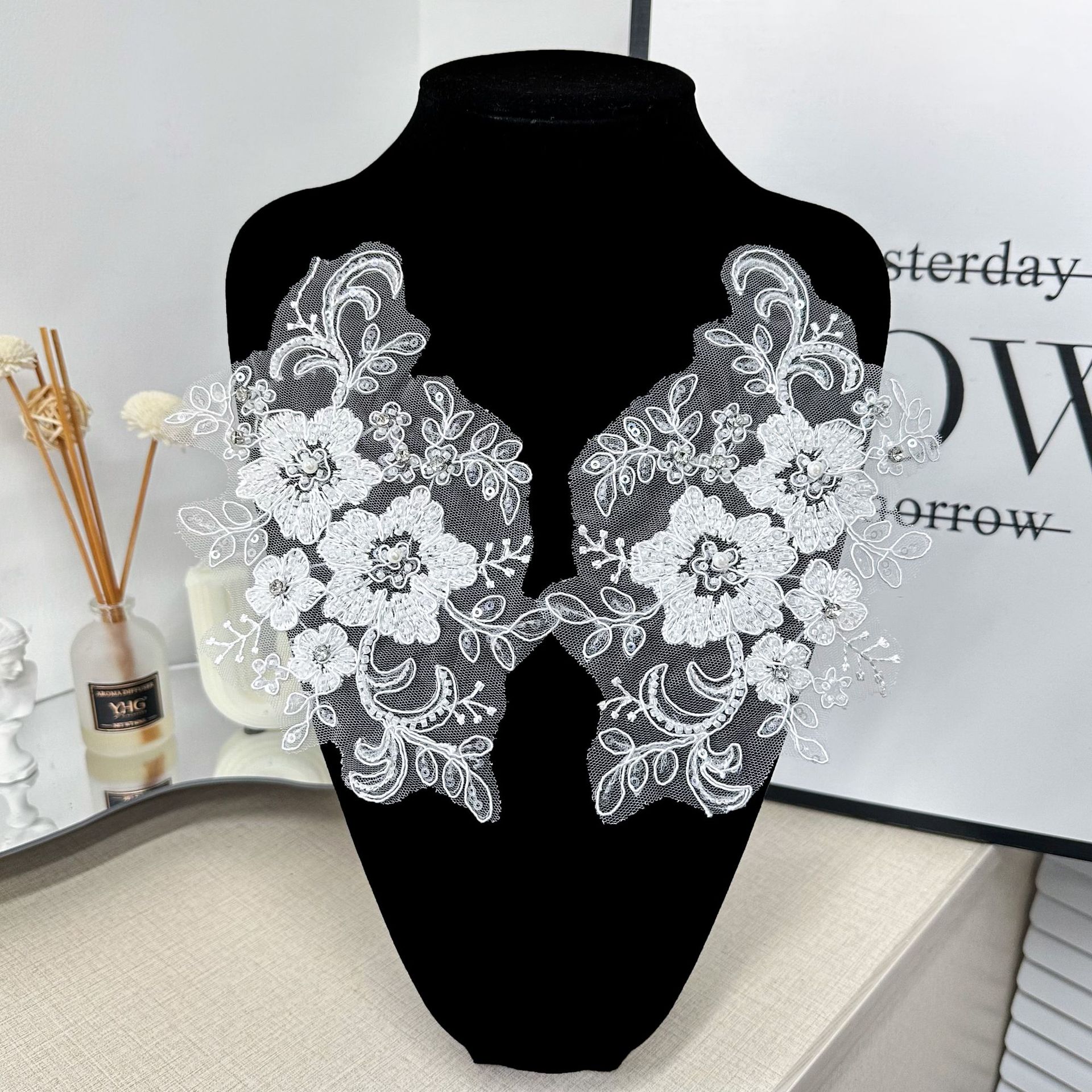 蕾丝花边辅料车骨服装配饰手工材料白色钉珠花朵新娘头饰婚纱对花