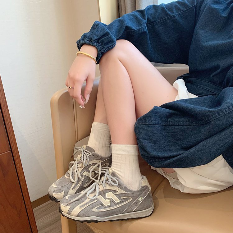 Qiyor复古德训鞋女2025新款圆头拼色休闲鞋阿甘鞋系带防滑运动鞋|undefined