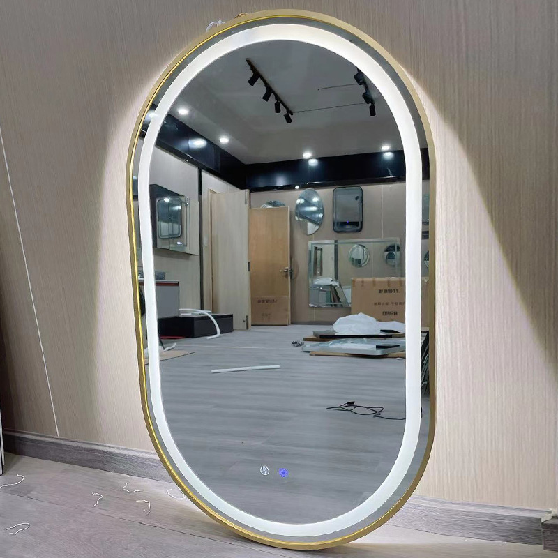 Espejo de plata de alta definición con marco de pared sin agujeros de perforación de lámpara LED espejo de maquillaje ajustable de color de luz espejo de desintelación táctil
