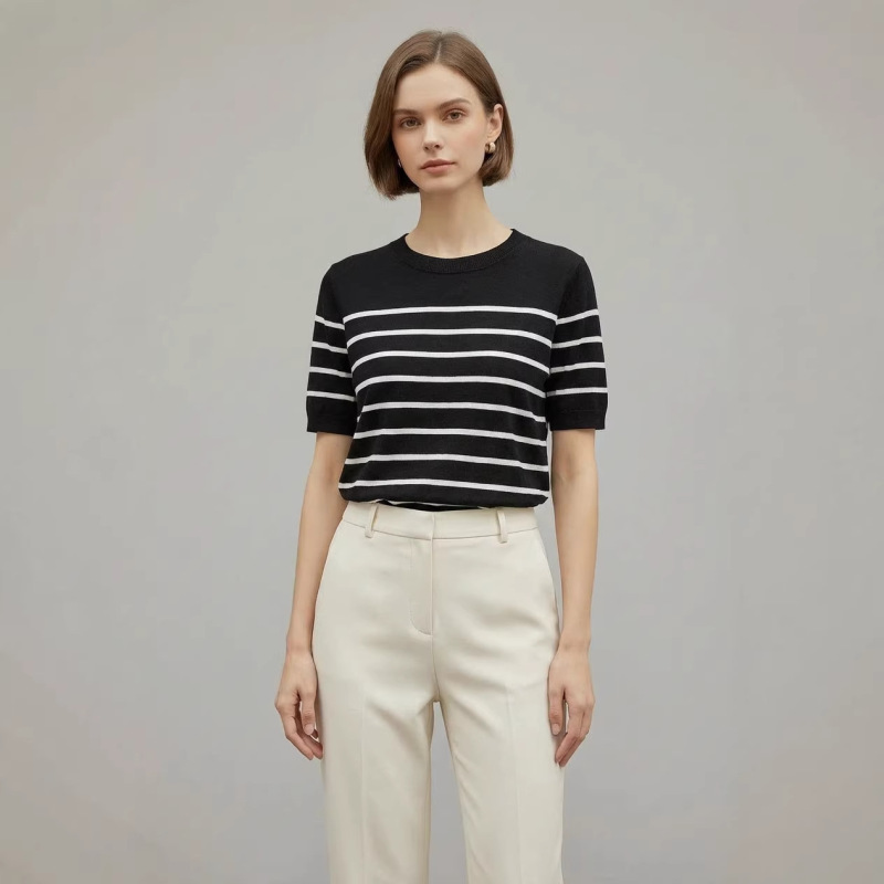 Cos Same Style Tencel Classic Round Neck Striped Short-Sleeve Knit Top Women's New Casual Versatile Slimming Top for Summer Cos Same Style Tencel Classic Round Neck Striped Short-Sleeve Knit Top Women's New Casual Versatile Slimming Top for Summer