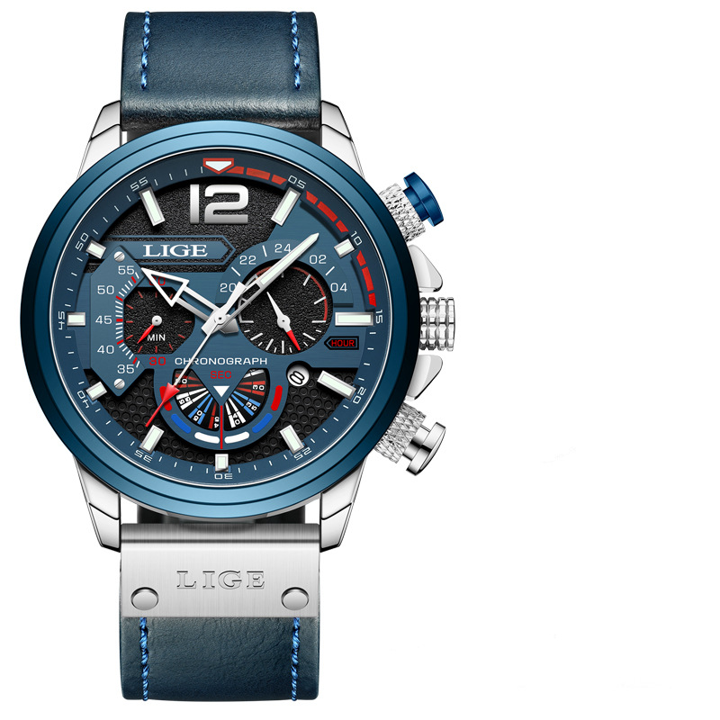 LIGE 8959 nuevo cinturón de seis pines calendario personalidad dial luminoso aguja multifuncional transfronteriza reloj de hombre