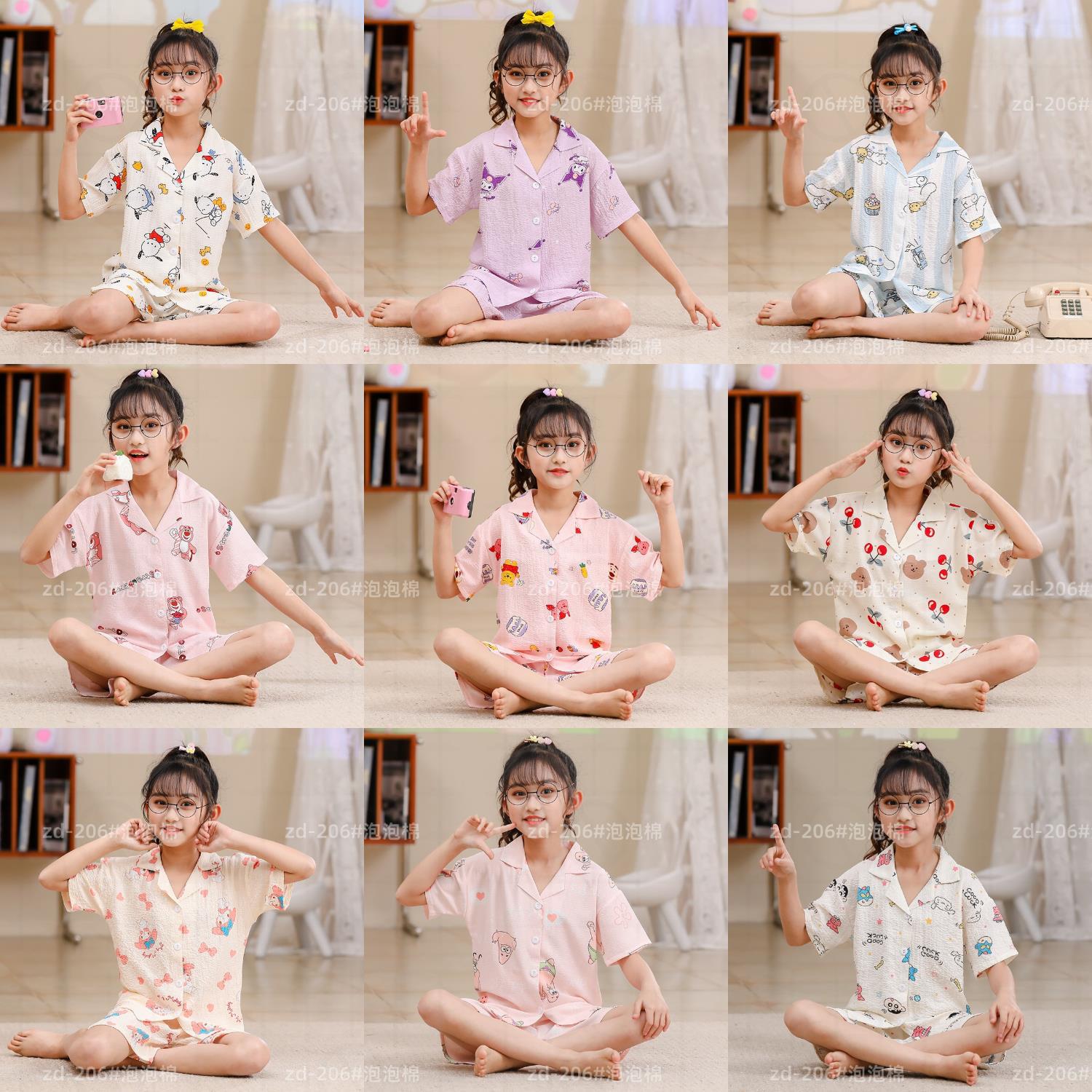 Pijamas infantiles niñas de manga corta verano espuma tejida tela arrugada dibujos animados niñas niños mayores cubierta de ropa de bebé