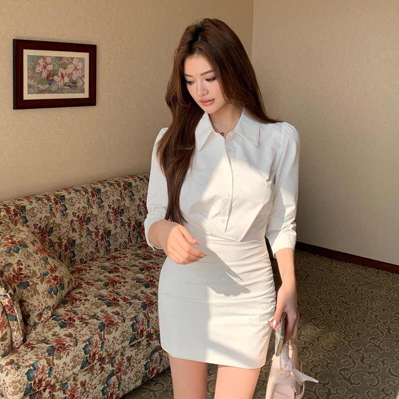 Real Shot of the 2026 Autumn New Pure White Three-Quarter Sleeve Slim-Fit Elegant Commuter Dress Women's Shirt-Style Bodycon Short Dress