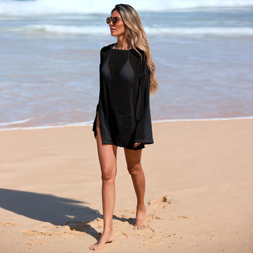 Hollowed-out flash weaving snowflakes embellished 2026 European and American cross-border beach dress, sun-protection suit, one-collar bikini blouse