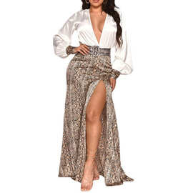 Exportdress非洲民族性感拼接开叉长裙V领灯笼袖女装连衣裙优雅