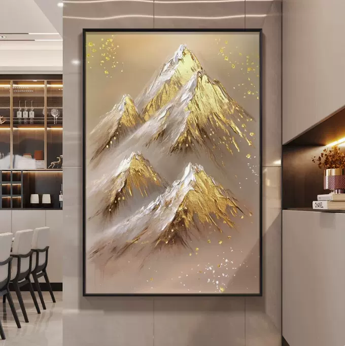 纯手绘日照金山挂画玄关装饰画金箔入户门走廊过道壁画抽象