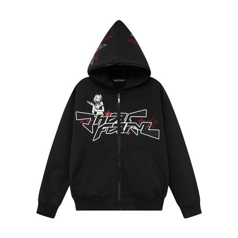 Felpa da strada da uomo con stampa a stelle e lettere, giacca con cerniera, stile gotico hip hop Y2K, uomo e donna, con cappuccio_voghion.com
