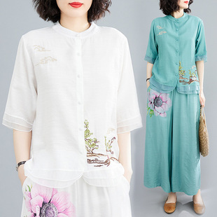 Real Shot of Plus Size Women's Summer Style Age-Reducing Cotton and Linen Suit for Women Retro Ethnic Style Fashionable Wide-Leg Pants Two-Piece Set