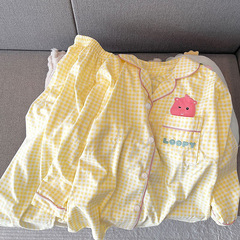 春の新型黄色の格子loopy露比プリントパジャマ長袖長ズボンの家庭服セットの実写卸売り