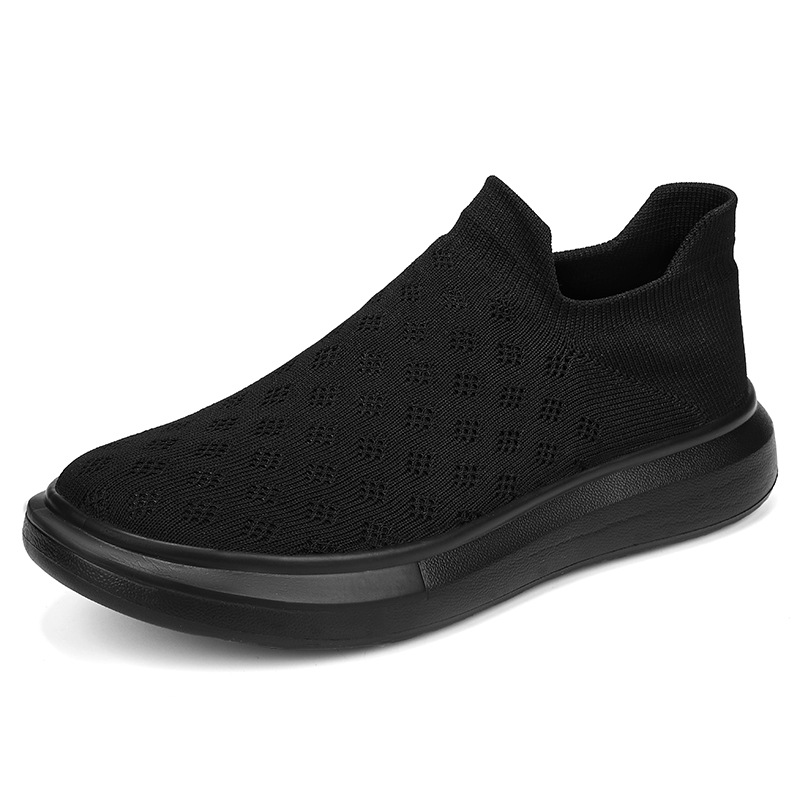 New Sports and Leisure Fly-Knit Lightweight Running Shoes All Black Socks Shoes Thick-Soled Couple Lazy Shoes Simple Men's Shoes