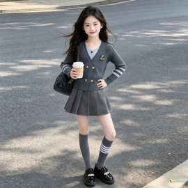 女童秋季学院风套装假两件针织开衫百褶裙两件套新款女孩礼服