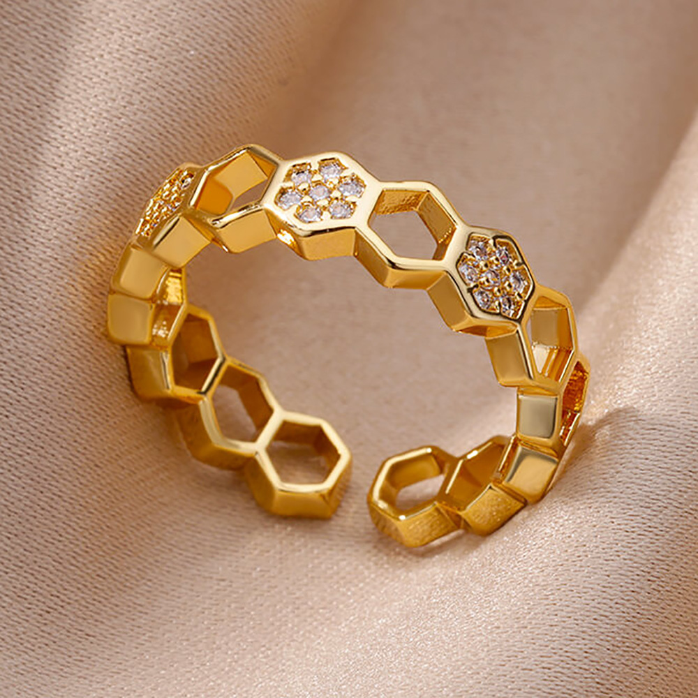 越境売れ筋 18K ゴールドメッキフルダイヤモンドチタン鋼色褪せないオープンリング女性用ジルコンリーフリング女性用ハイエンド