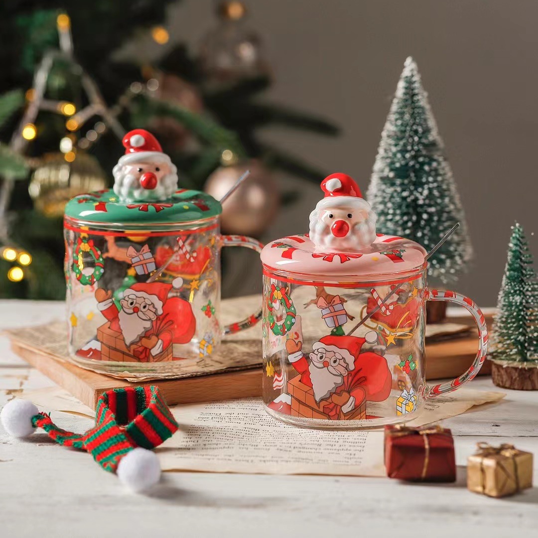 Creativo personalizado Santa Claus regalo vidrio con tapa cuchara Oficina de dibujos animados taza Estilo nórdico beber