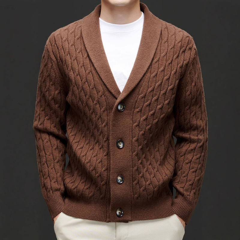 Cross-border Autumn and Winter Coat Solid Color Fashion Warm Knitted Cardigan Lapel Retro Casual Men's Sweater Light Luxury Top
