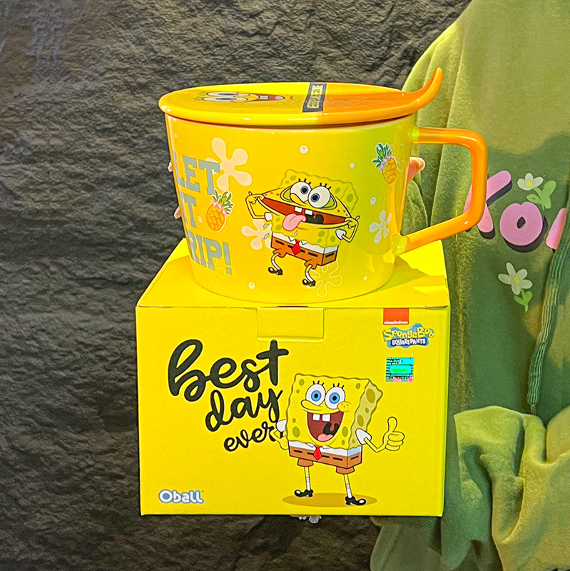 Bob Esponja Pai Daxing Cartoon Cerámica Tazón de fideos instantáneos Desayuno con tapa Tazón de arroz Set Pareja Regalo de cumpleaños Chicas