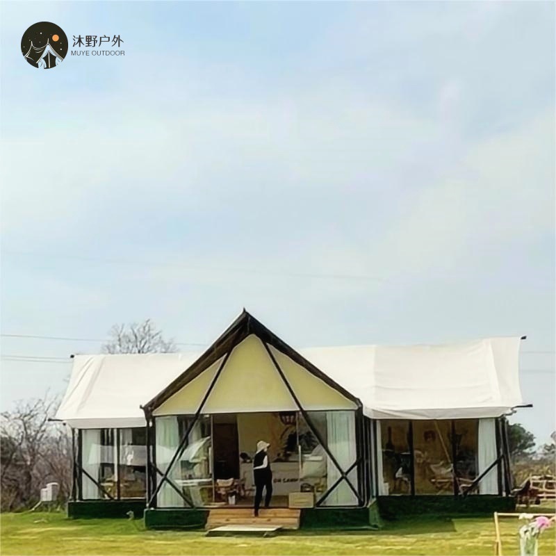 Muye al aire libre grande de lujo salvaje techo T-tipo camping bar tienda de campaña campamento residencial tienda de campaña hotel fabricante