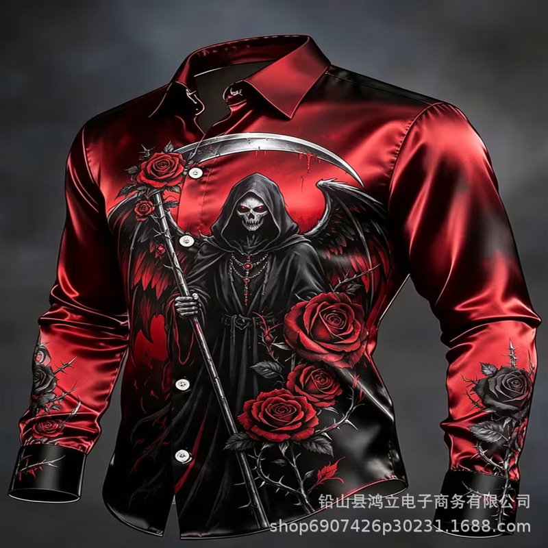 2026 Black and White Gradient Baroque Swirl Floral Satin Lapel Long-Sleeve Shirt, Light Luxury Nightclub Slim-Fit Men's Shirt 2026 Black and White Gradient Baroque Swirl Floral Satin Lapel Long-Sleeve Shirt, Light Luxury Nightclub Slim-Fit Men's Shirt