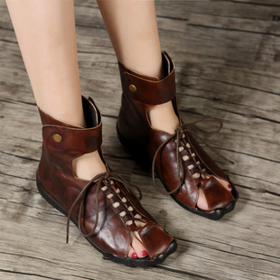 Top layer embossed Cowhide sandals for the back of the school spring and summer casual plus size women's boots front lace-up back zipper women's shoes