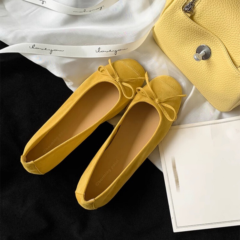 Self-retaining version ~ bow knot yellow single-layer shoes women's flat low-cut late-night shoes soft-soled bean shoes French ballet shoes