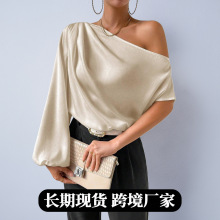 外贸欧美大牌女装色丁T恤春秋斜肩性感露肩宽松露肩气质斜领上衣