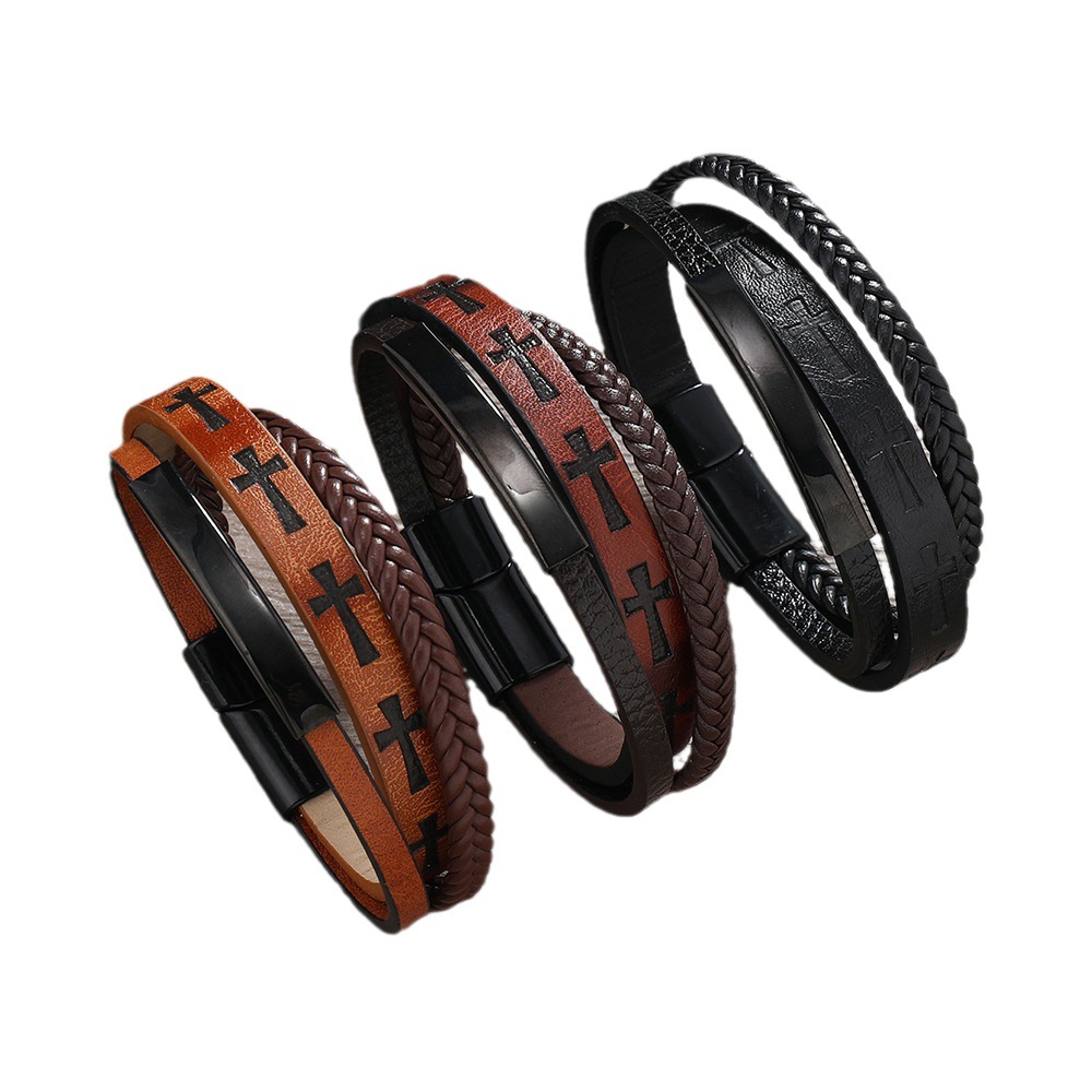 New Cross-Border Jewelry Printed Cross Men's Leather Woven Magnetic Clasp Bracelet European And American Versatile_voghion.com