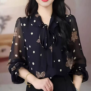 春夏季新款2026年时尚气质女装妈妈装洋气印花减龄显瘦套头雪纺衫