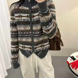 琪镌绘制秋冬季新款复古提花羊绒针织高领毛衣套头衫上衣女25157