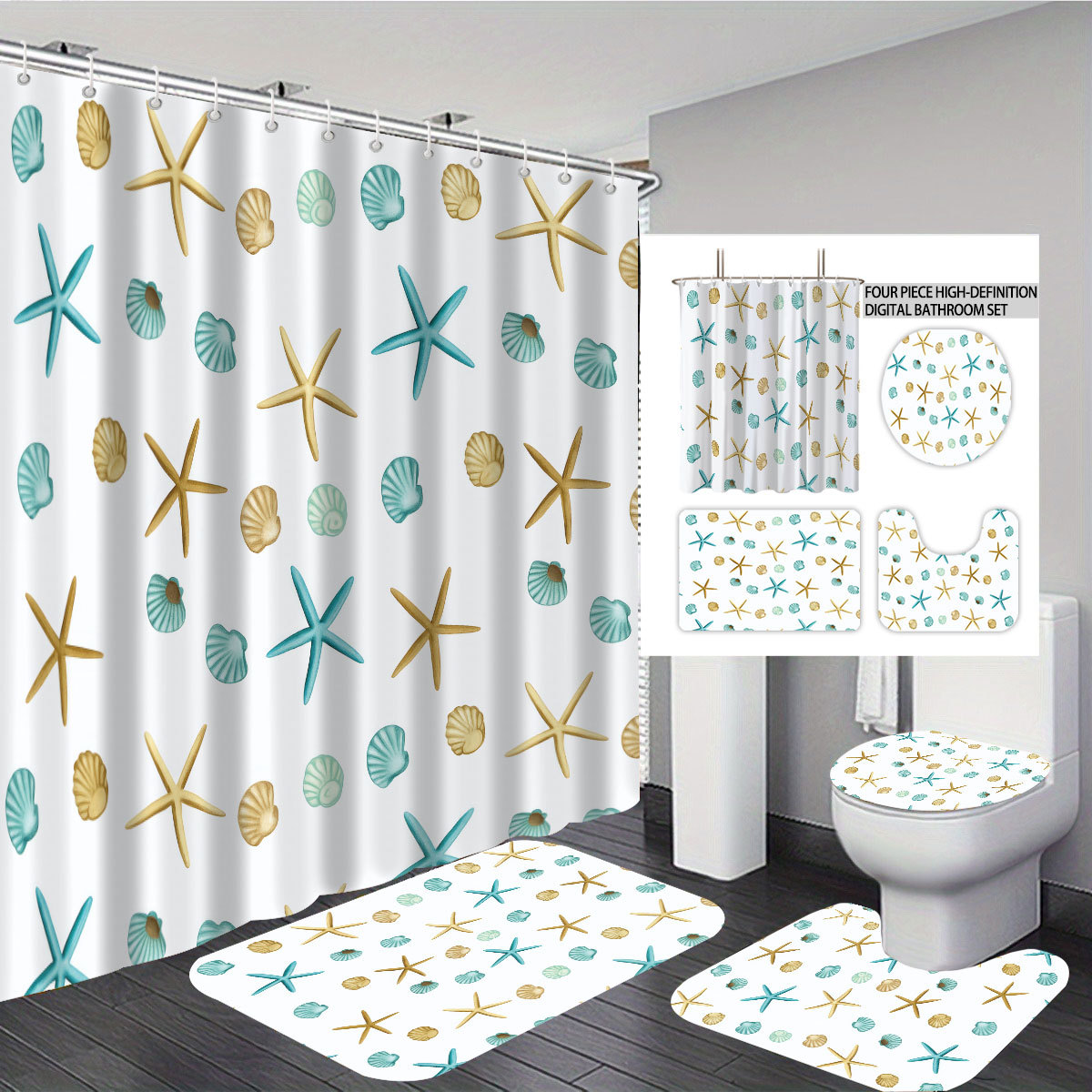 Mei Ke más cortina de baño impermeable serie de paisaje de playa impresión digital poliéster cortina de baño cuatro piezas un conjunto de cabello