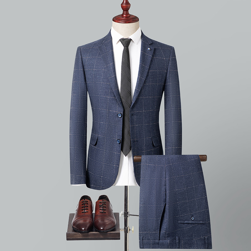 New Sanding Men's Suit Blue Plaid Business Casual Business Wear Wedding Best Man Dress for Work New Sanding Men's Suit Blue Plaid Business Casual Business Wear Wedding Best Man Dress for Work