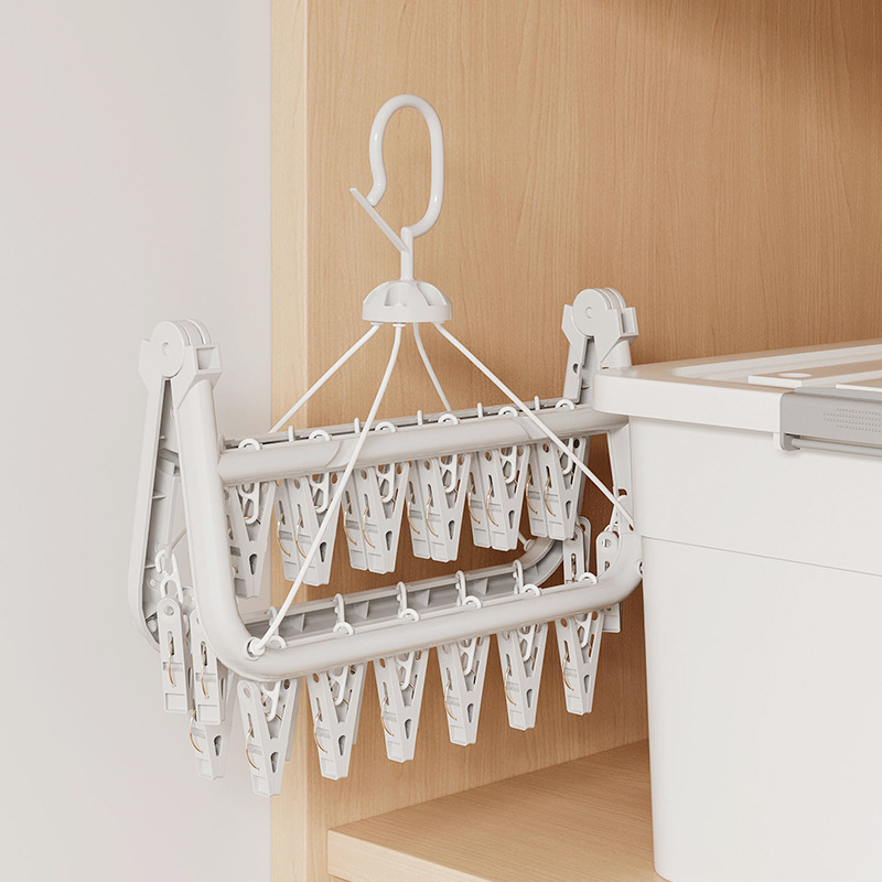 Multi-clip clothes drying rack without punching holes for drying socks and underwear folding household plastic hanging balcony drying rack artifact