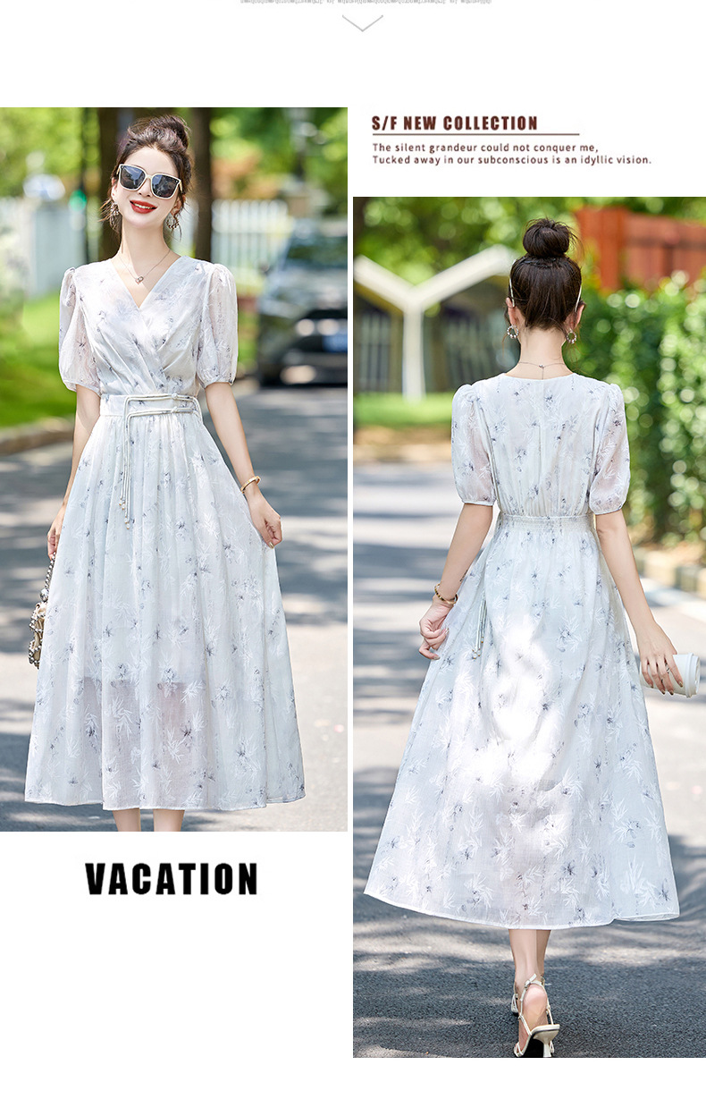 Váy hoa cổ chữ V thắt eo thon gọn mùa hè ZQ88079 — Màu xanh lục nhạt, Màu xanh lam chi tiết 21