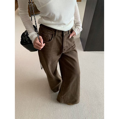 誉一新款2025秋季压树脂抓纹牛仔裤女美拉德色系阔腿长裤女c66251