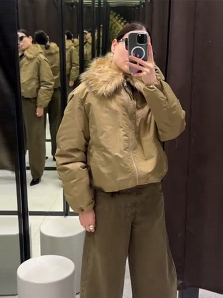 Chaqueta con Cremallera y Cuello de Peluche de Poliéster Holgada