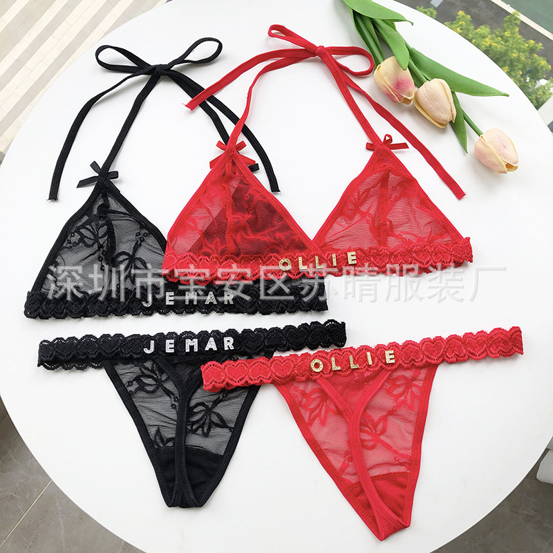 Cross-border custom three-point sexy underwear underwear women's personalized rhinestone letter name hanging neck bra suit