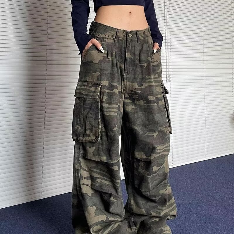 American Washed Old Camouflage Jeans Men's and Women's Straight Pleated Multi-Pocket Casual Loose Wide Leg Trousers