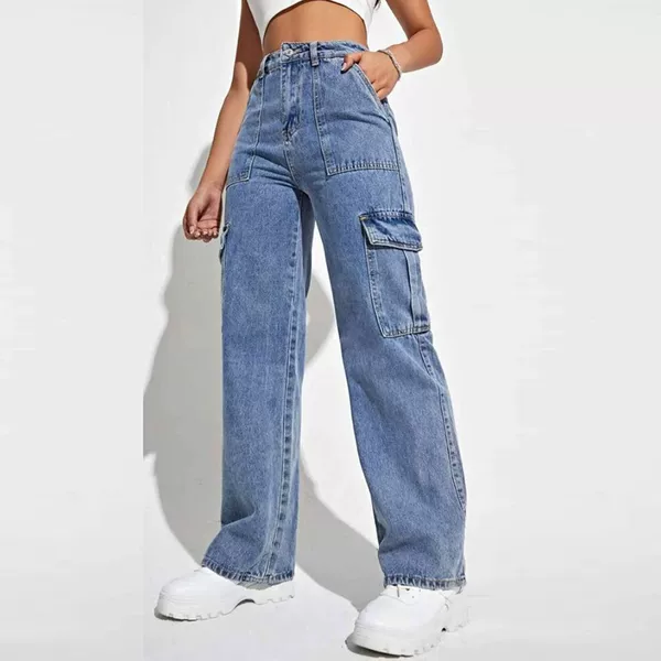 Women's Cargo Jeans for Export, Popular European and American Style, Spring and Autumn, Amazon Ebay Hot Sale, Multi-Pocket Wide-Leg Casual Pants