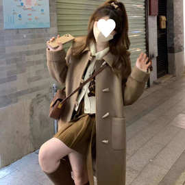 欧美秋冬季牛角扣大衣韩系娃娃领甜美单层大衣长款外套女小个子呢