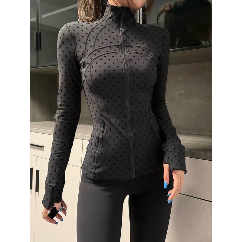 High-Quality Cute Black Polka Dot Slimming Yoga Wear for Women, Stand-Up Collar Defina Jacket, Long-Sleeved Slim-Fit Sports Coat High-Quality Cute Black Polka Dot Slimming Yoga Wear for Women, Stand-Up Collar Defina Jacket, Long-Sleeved Slim-Fit Sports Coat