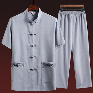 Tang Suit Men's Middle-aged and Elderly Casual Cotton and Linen Short-sleeved Suit Chinese Style Men's Clothes for the Elderly Gold Silk Button Pocket