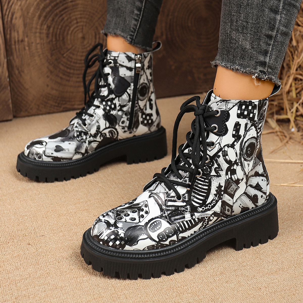 Foreign Trade Large Size Graffiti Square Heel Side Zipper Boots 2025 Autumn and Winter New Round Toe Lace-Up Women's Boots Temu Ready Stock