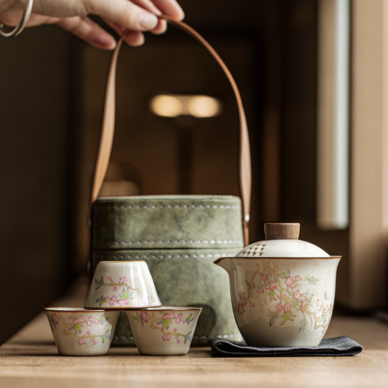 Beige Ru Kiln Quick Cup Pink Peach Welcome Spring Three Cups Square Bag Ceramic Travel Kung Fu Tea Set Portable Beige Ru Kiln Quick Cup Pink Peach Welcome Spring Three Cups Square Bag Ceramic Travel Kung Fu Tea Set Portable