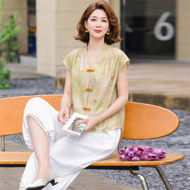 时尚休闲妈妈装两件套女短袖夏装新款上衣气质衬衫中老年T恤套装