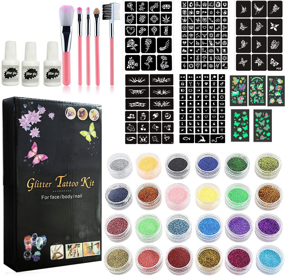 Nuevo traje de tatuaje de brillo de dibujos animados semipermanente pequeño tatuaje color plantilla etapa brillo maquillaje transfronterizo Venta caliente