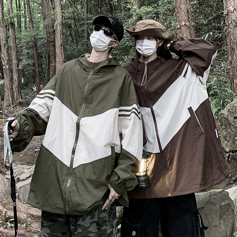 Color de contraste ropa de protección solar para hombres diseño de verano sentido nicho pareja montañismo al aire libre camping Seda de hielo de secado rápido chaqueta de ropa de protección solar image 5