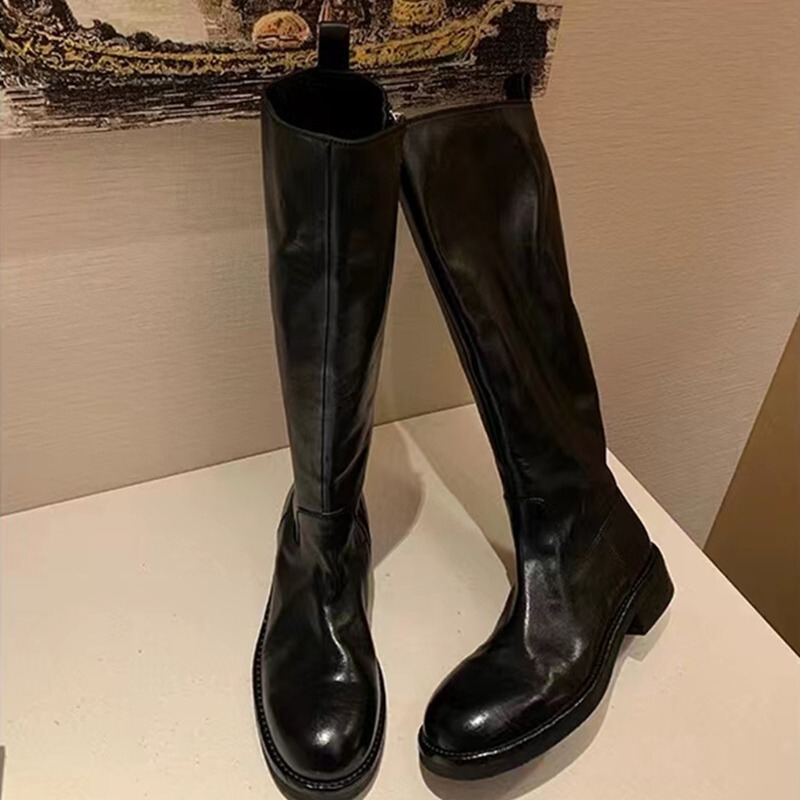 水洗牛皮葡萄妈同款厚底长筒靴女骑士靴法式复古褶皱真皮高筒靴子|undefined