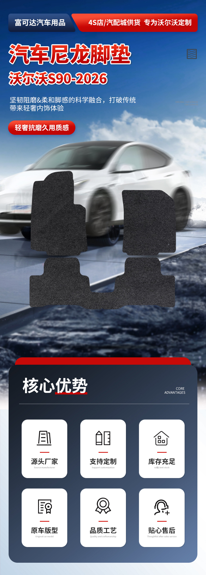 Suitable for Volvo S90-26 Style Nylon Car Floor Mats Anti-Slip Suede Special Car Volvo Floor Mats Wholesale